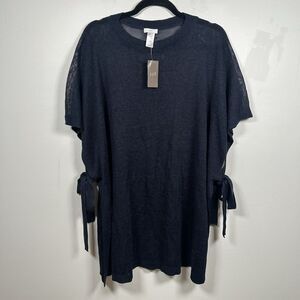NWT J. Jill Linen Blend Side-Tie Poncho Top Women's One Size Sweater Navy Blue